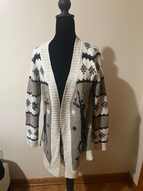 Open-Front Cream and Taupe Fair Isle Cardigan Sweater